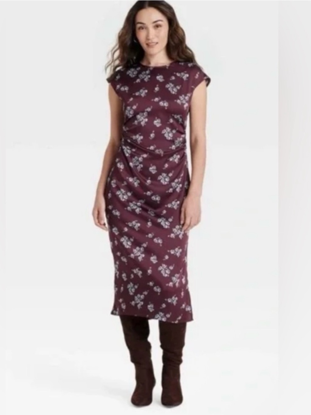 Floral Sheath Midi Dress in Burgundy
